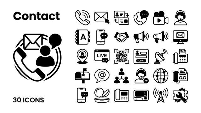 Contact Icons: A comprehensive set of 30 graphic icons representing various communication and contact methods, including phone, email, social media, and location services.