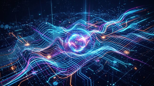 Abstract digital visualization of AI core and neural network with glowing data streams and connectivity lines