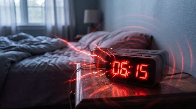 Digital alarm clock glowing red at 6:15 AM with sound waves emanating from it next to a messy bed