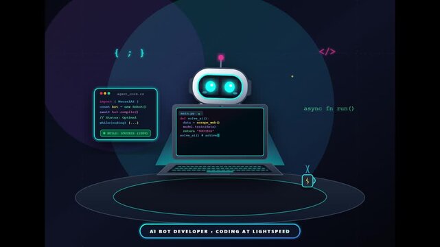 A digital illustration of a cute robot character sitting at a computer terminal, representing AI development, coding, and software engineering in a futuristic, dark-themed technology environment.