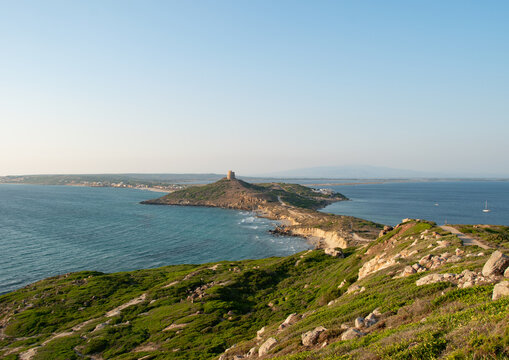 The Spanish Tower of San Giovanni in Sinis, near the sea, overlooks the archaeological site of Tharros, in the municipality of Cabras, Italy.