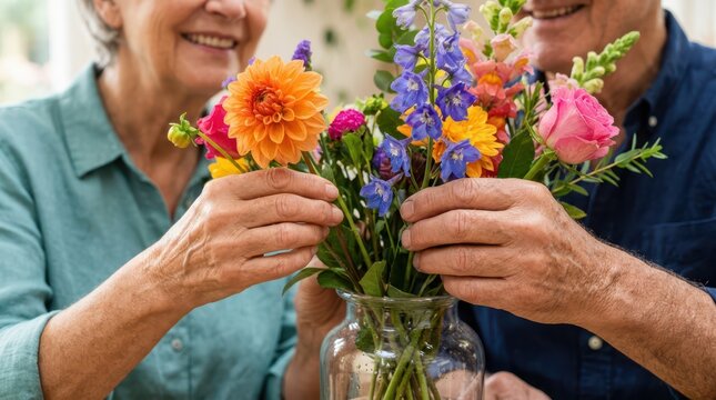 Seniors actively enjoy creative hobbies every day. A smiling older couple arranges a bright bouquet of fresh flowers.