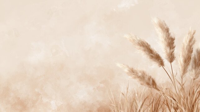 Rustic boho watercolor backdrop concept. Minimalist floral background with beige pampas grass and delicate texture.