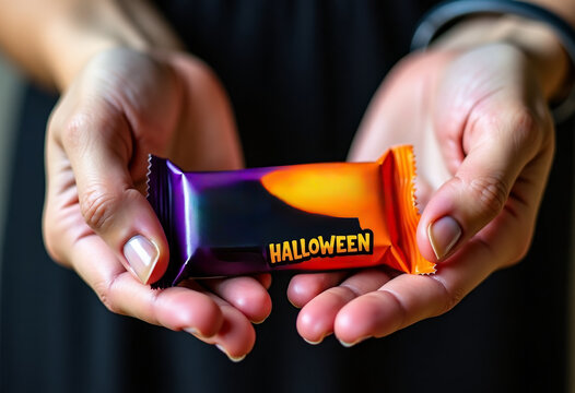Close-up of hands holding Halloween-themed candy bar with spooky wrapper