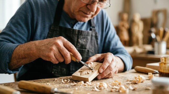 Seniors actively enjoy creative hobbies every day. A skilled senior man carves detailed patterns into a block of wood.
