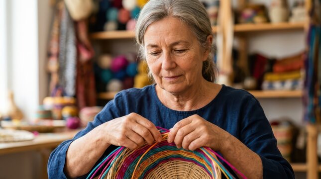 Seniors actively enjoy creative hobbies every day. A talented older woman weaves vibrant threads into a handmade basket.