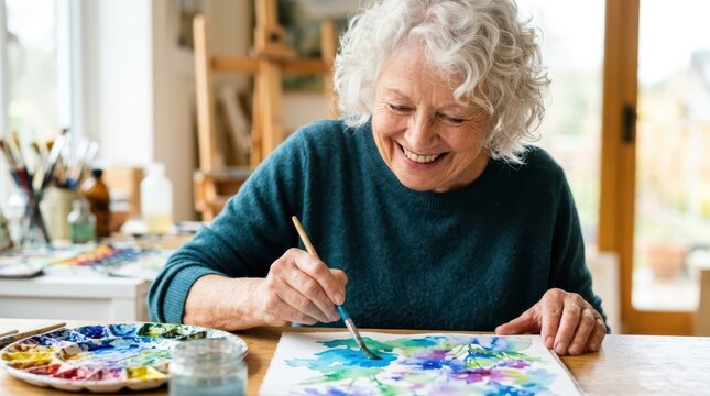 Seniors actively enjoy creative hobbies every day. A cheerful senior woman mixes colorful watercolors for her new painting.