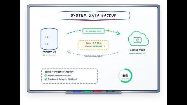 A digital whiteboard presentation illustrating a system data backup process, showing data flow from a server to cloud storage with completion status and configuration details.