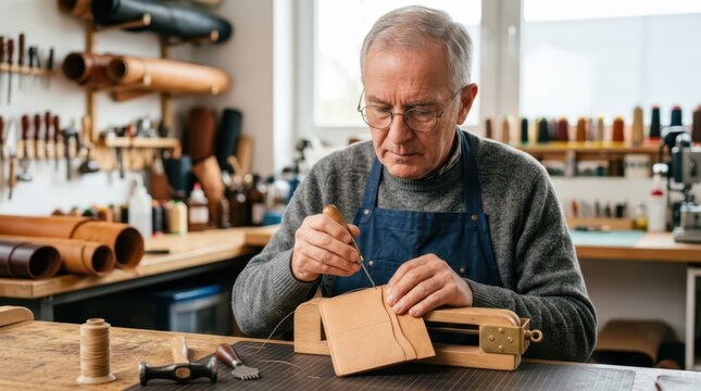 Seniors actively enjoy creative hobbies every day. A focused elderly man carefully sews pieces of authentic leather.
