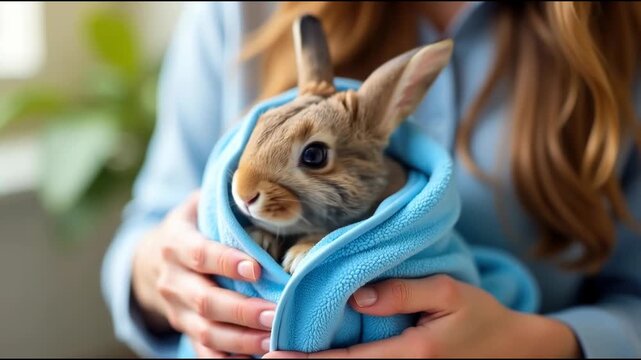 A woman cuddles a small rabbit wrapped in a blanket, a heartwarming moment of care and compassion