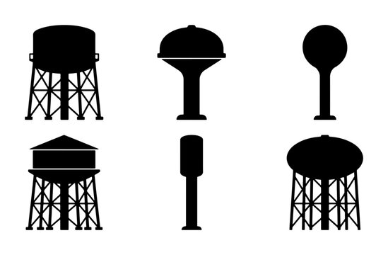 Water Tower Silhouettes, Industrial Storage Tanks, Municipal Water Supply Icons, Vector Collection