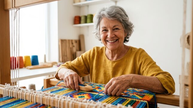 Seniors actively enjoy creative hobbies every day. A cheerful senior woman weaves vibrant colorful threads on a traditional wooden loom.