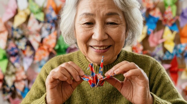 Seniors actively enjoy creative hobbies every day. A joyful senior woman displays the colorful origami paper crane she just folded.