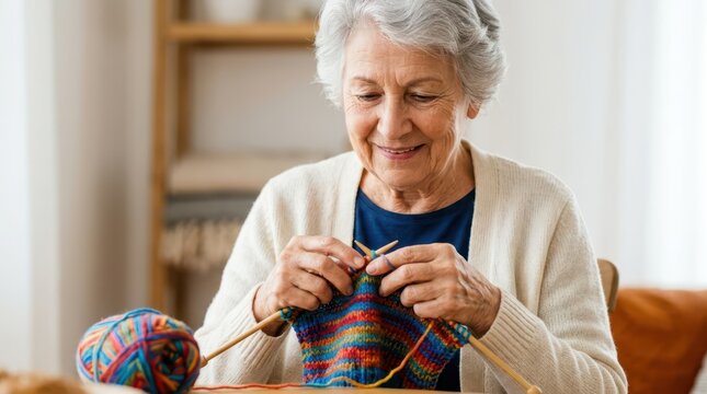 Seniors actively enjoy creative hobbies every day. A happy older woman sits comfortably indoors, knitting with vibrant multicolored yarn.