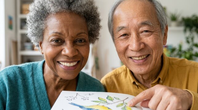 Seniors actively enjoy creative hobbies every day. A smiling senior couple proudly looks at a colorful botanical sketch together.