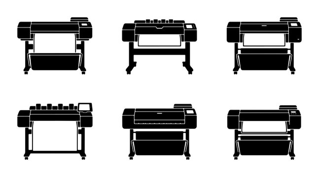Large Format Printer Icons Set, Wide Format Printing Machines Collection, Digital Plotter Vector Graphics, Industrial Printing Equipment Illustrations