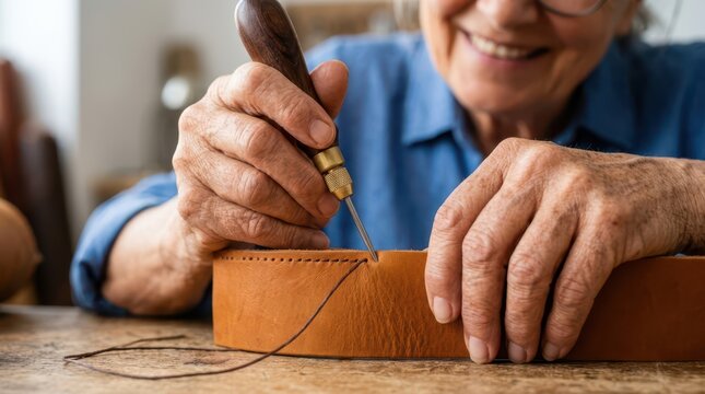 Seniors actively enjoy creative hobbies every day. Close up shot of hands meticulously using a tool to craft brown leather.