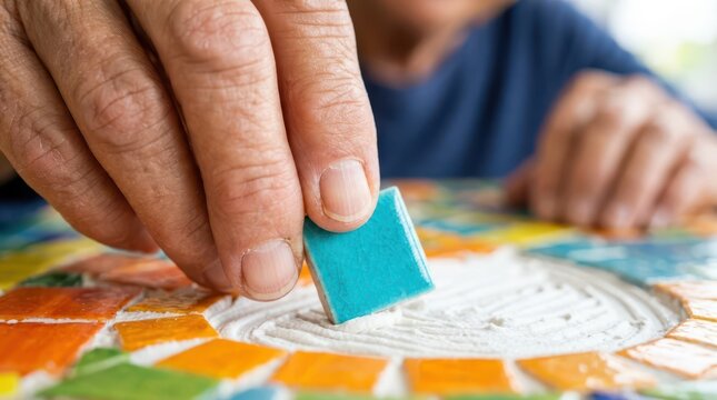 Seniors actively enjoy creative hobbies every day. A steady hand carefully places a bright blue tile into a mosaic design.