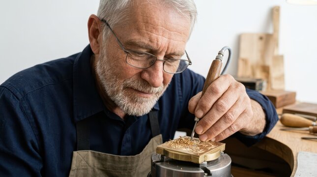 Seniors actively enjoy creative hobbies every day. An older man wearing glasses uses a specialized tool to engrave metal.