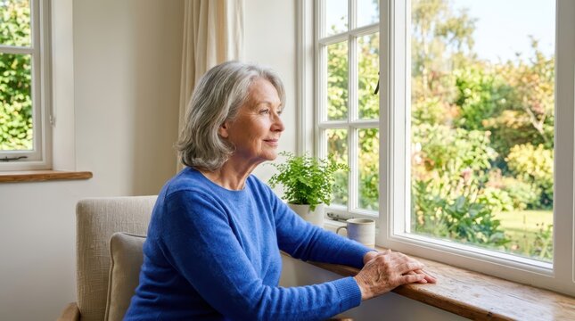 Seniors actively engage in daily household routines. A senior woman looks out the window at a bright garden while resting in a chair.