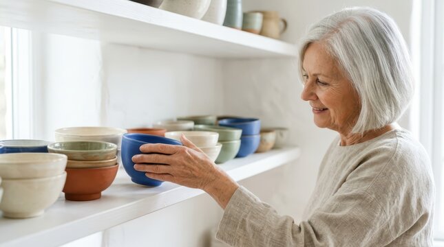 Seniors actively engage in daily household routines. A senior woman smiles as she organizes colorful ceramic bowls on a kitchen shelf.