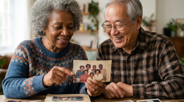 Seniors actively engage in daily household routines. A diverse senior couple happily reminisces while looking at old family photographs together.