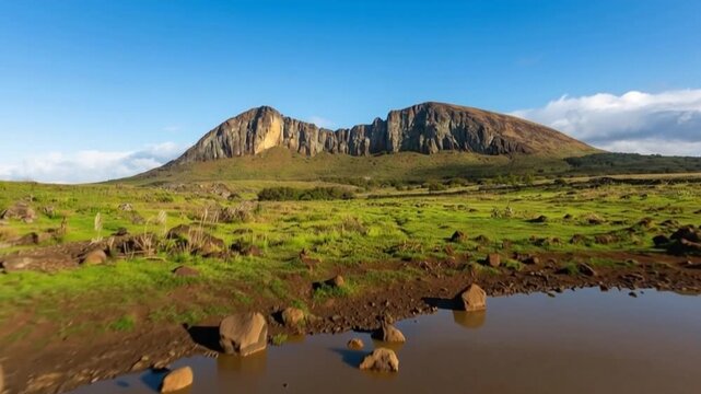 Rano Raraku Volcanic Crater and Green Landscape on Easter Island, Rapa Nui, Chile. Establishing Shot.