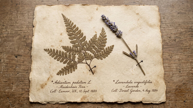 Top view of vintage herbarium page with dried fern and lavender specimens mounted on aged paper over wooden surface