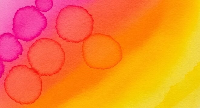 Vibrant borderless watercolor background flowing horizontally from fuchsia to tangerine and yellow with organic water blooms