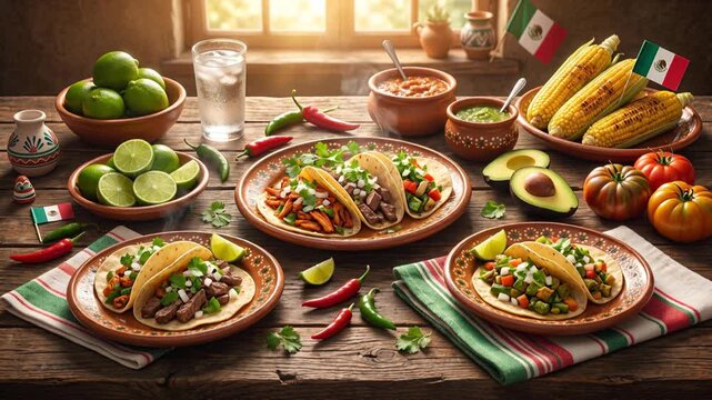 Traditional Mexican Tacos with Colorful Food and Festive Table Setting