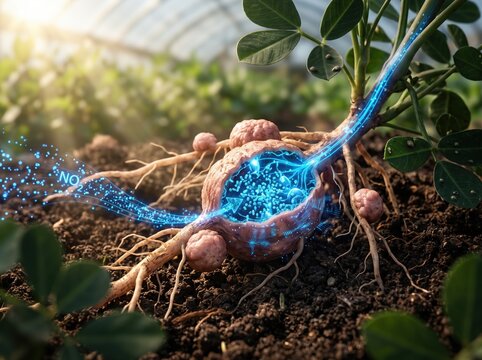 Biological nitrogen fixation process by Rhizobium bacteria inside legume root nodules with glowing digital energy flow, agricultural biotechnology and soil science concept