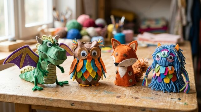 Handmade crafts made by children for kindergarten sit on a wooden table, showcasing a green dragon, brown owl, orange fox, and blue monster puppet in bright colors and textures