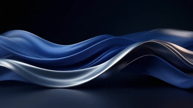 Undulating navy blue silver gradient ribbon waves