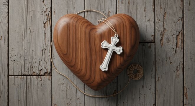 Detailed top down view of a dark walnut wood heart with a matte white scrolled cross and jute twine on grey floorboards