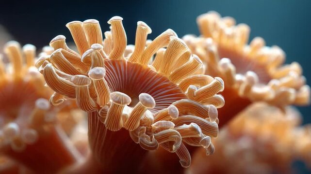 Coral Colony Close-up: Intricate details of a vibrant coral colony, showcasing delicate polyps with their undulating tentacles reaching out in a mesmerizing underwater dance.