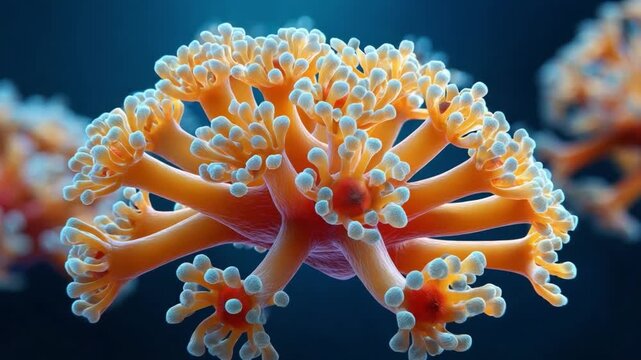 Vibrant Coral Polyp: A macro view reveals the intricate beauty of a single, orange coral polyp with delicate tentacles reaching outwards, showcasing the mesmerizing detail of marine life.