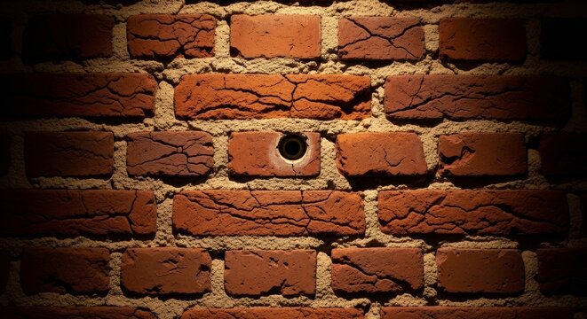 Immersive weathered red brick wall texture with a small circular drill hole and warm central lighting