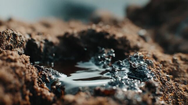 Oil Slick in Drought-Stricken Soil: A close-up shot captures a glistening oil slick pooling in cracked, dry earth, highlighting environmental pollution and its impact on arid landscapes.