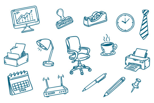 Set of office supplies and business equipment icons, handdrawn doodle style