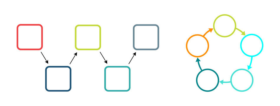 Set of two colorful infographic diagrams with empty square and circular shapes for business process steps