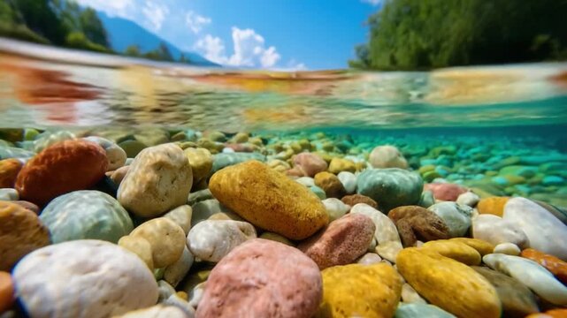 Pebbles in a Pristine River: A vibrant underwater view showcases smooth, colorful pebbles on a riverbed, with the surface revealing a clear blue sky and lush green trees.