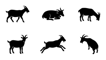 Obraz premium Goat Silhouettes Collection, Farm Animal Icons Set, Livestock Vector Graphics, Rural Mammal Illustrations