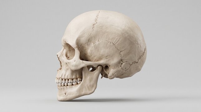 Side View of a Human Skull Isolated on Grey Background, Anatomical Model for Medical Study