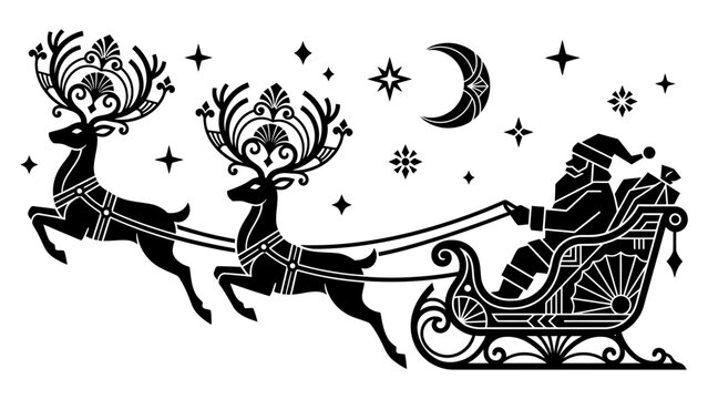 Ornate santa claus sleigh silhouette with decorative reindeer and moon for luxury christmas holiday greeting card vector illustration art deco style.
