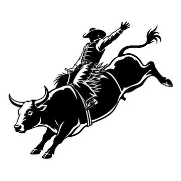 Dynamic Bull Riding Cowboy Silhouette &ndash; Fierce Rodeo Rider on Bucking Bull Black and White Vector Illustration