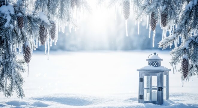Serene high key winter composition featuring icy spruce branches and a weathered wooden lantern in fresh powdery snow