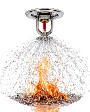 Automatic fire sprinkler head spraying water over burning flames isolated on transparent background