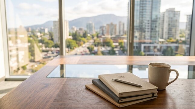 Modern office desk with notebooks, pen, and steaming coffee mug by a large window overlooking a vibrant city skyline and distant mountains, conveying productivity, business, and an inspiring work envi