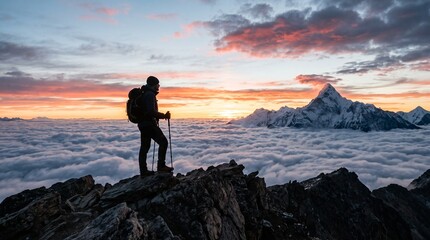 Fototapeta premium Hiker standing on a rocky mountain summit at sunset above a sea of clouds