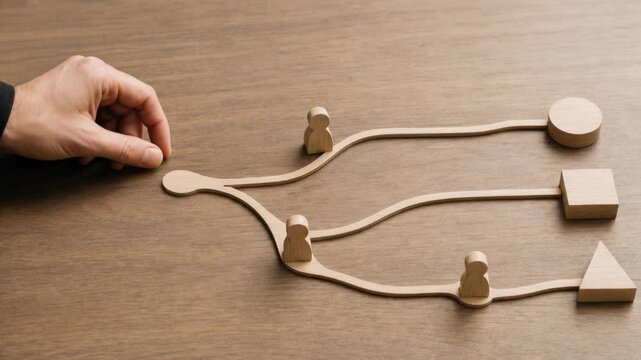 Decision making concept with hand choosing path for wooden figures on branching routes with shapes on wooden table